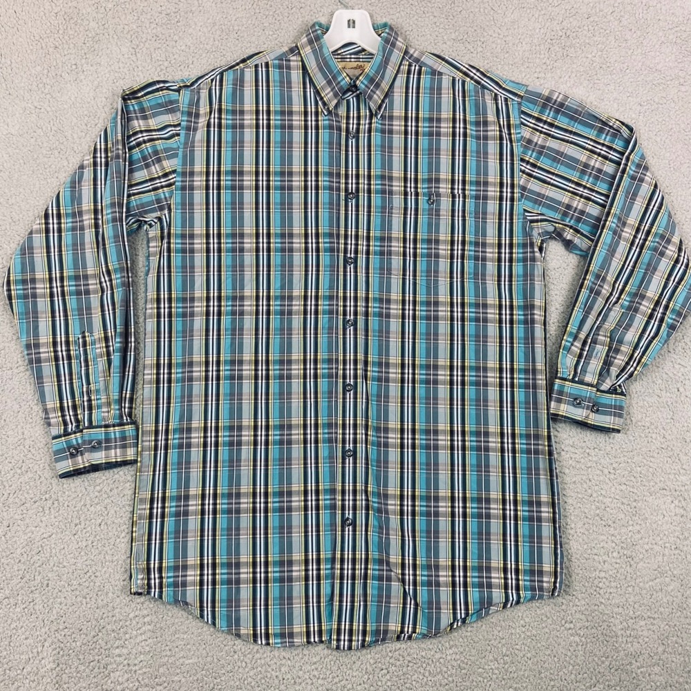 Wrangler 20X‎ Mens Turquoise Yellow Plaid Long Sleeve Button Down Shirt Large